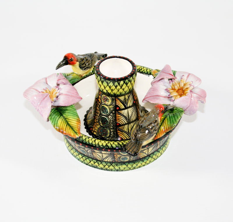 Birds and Flower Candle Holder with Bowl Design Repaired