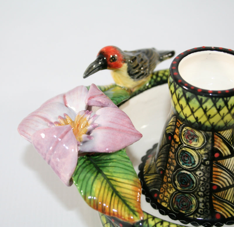 Birds and Flower Candle Holder with Bowl Design Repaired