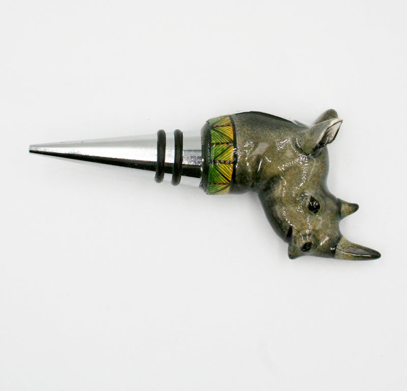 Rhino with green & yellow behind black stripes & red dots wine bottle stopper