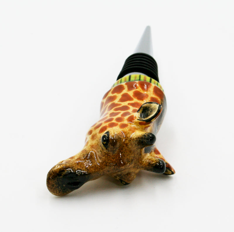 Giraffe with green & yellow background with stripes wine bottle stopper