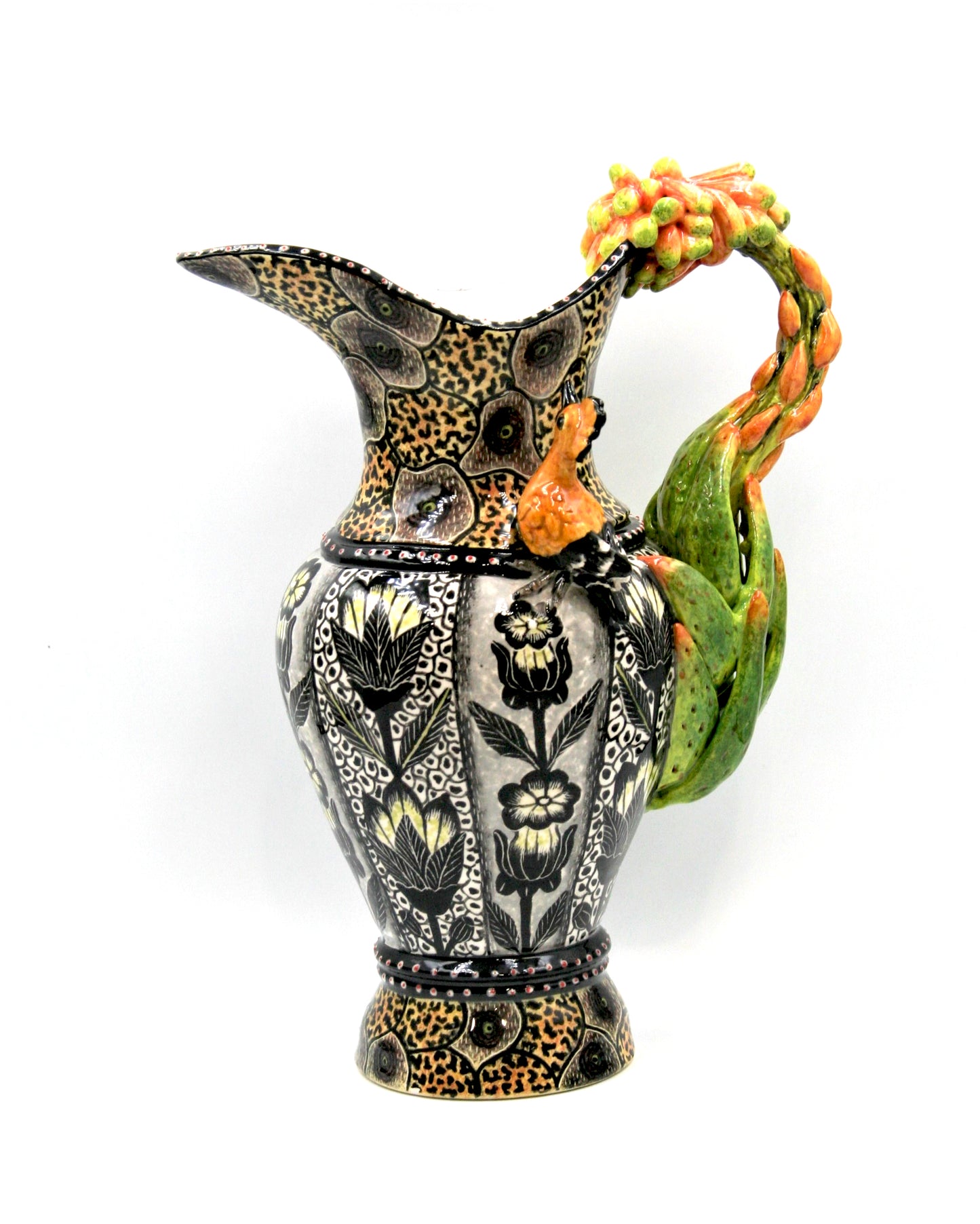Yellow and black hoopoe and flower jug