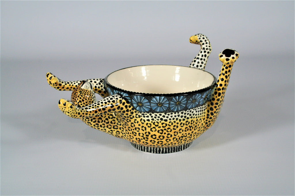 Upside dowl leopard bowl with patterned blue rim