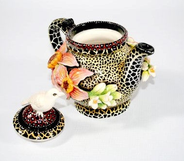 Tea pot  with pink flower and white bird & cup