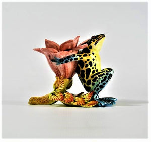 Blue & green leopard frog with open pink petal candlestick