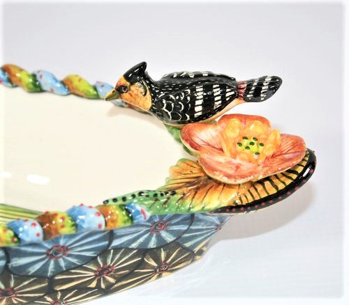 Black headed grosbeak medium bowl with blue braided rim