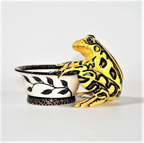Yellow & lime squatting frog with bee ring bowl sold