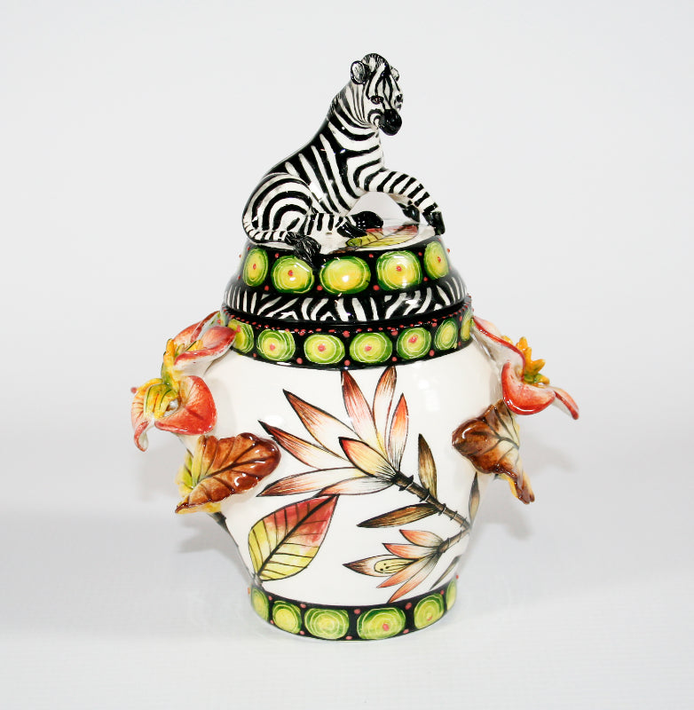 Zebra with sculpted orange flower & brown leaves jewellery box
