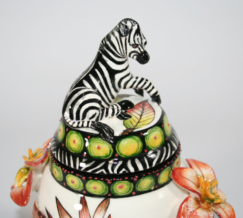 Zebra with sculpted orange flower & brown leaves jewellery box