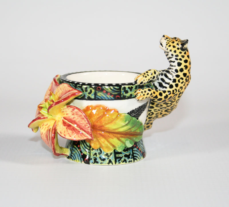 Leopard eggcup with red and yellow flower