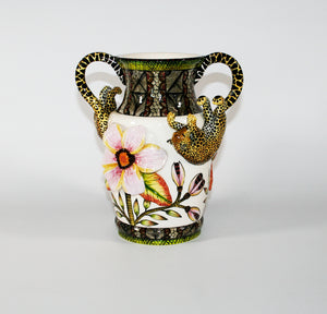 Medium vase with leopard handles & sculpted flowers