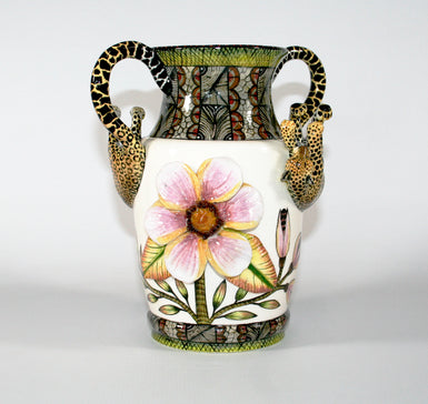 Medium vase with leopard handles & sculpted flowers