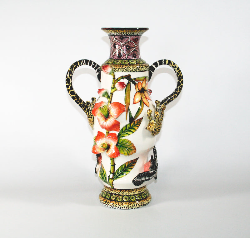 Large vase with leopard handles & sculpted birds & flowers