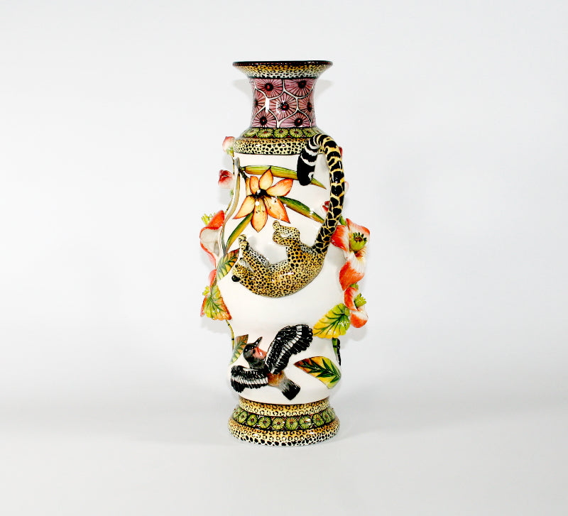 Large vase with leopard handles & sculpted birds & flowers