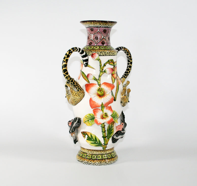 Large vase with leopard handles & sculpted birds & flowers