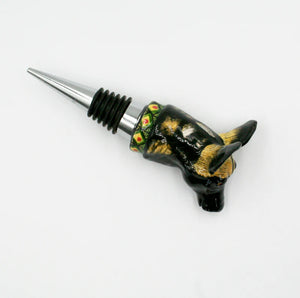 Wild dog with red, green & yellow diamond pattern wine bottle stopper