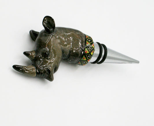 Rhino with black diamond pattern on green & yellow wine bottle stopper