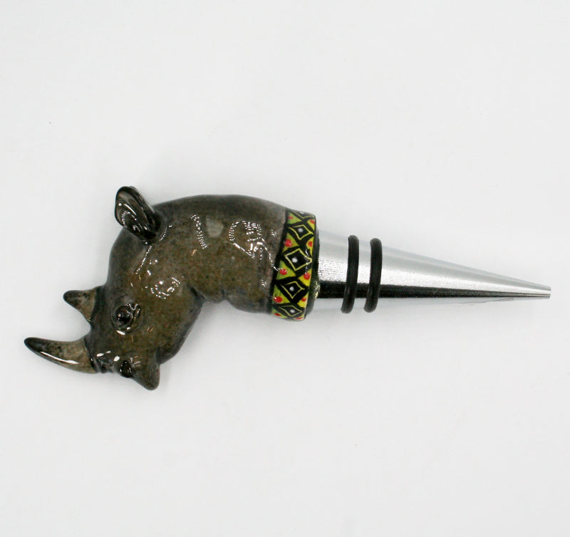 Rhino with black diamond pattern on green & yellow wine bottle stopper