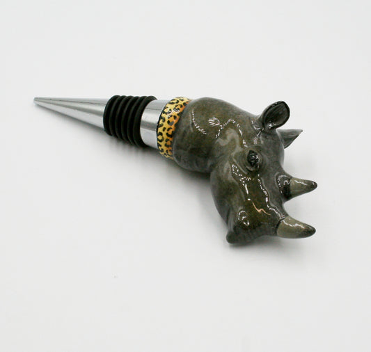 Rhino with leopard print base wine bottle stopper