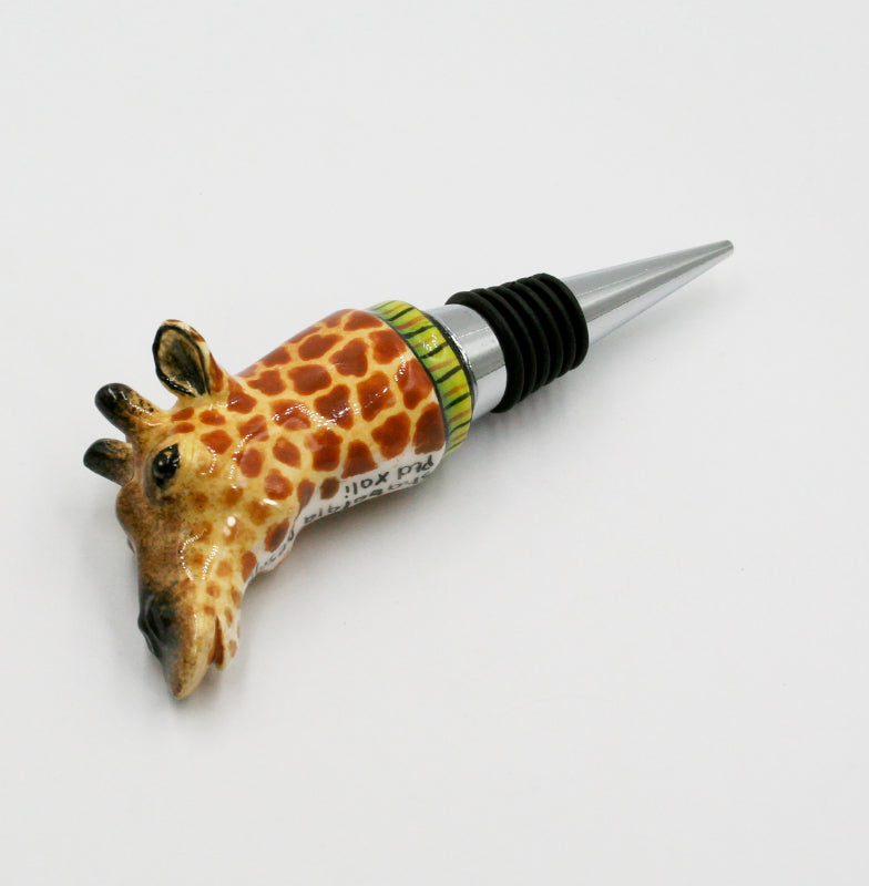 Giraffe with green & yellow background with stripes wine bottle stopper