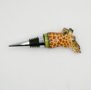 Giraffe with green & yellow background with stripes wine bottle stopper