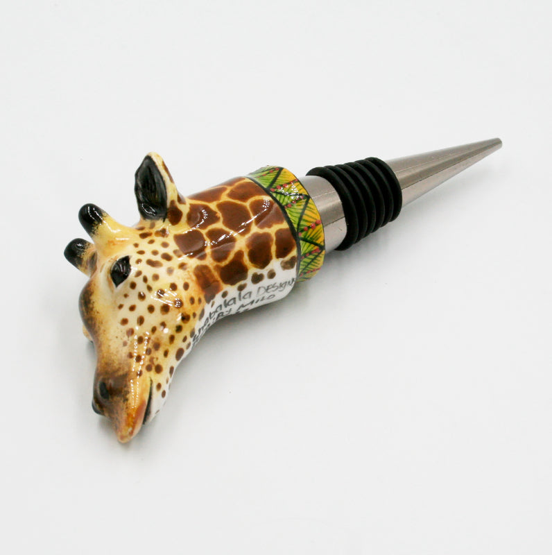 Giraffe with zig zag stripes & red dots on yellow base pattern wine bottle stopper