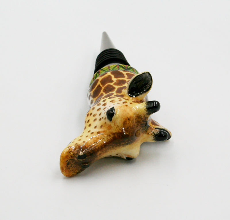 Giraffe with zig zag stripes & red dots on yellow base pattern wine bottle stopper