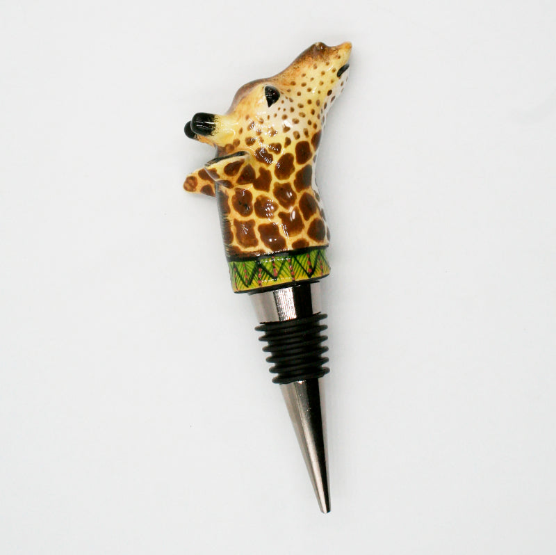 Giraffe with zig zag stripes & red dots on yellow base pattern wine bottle stopper