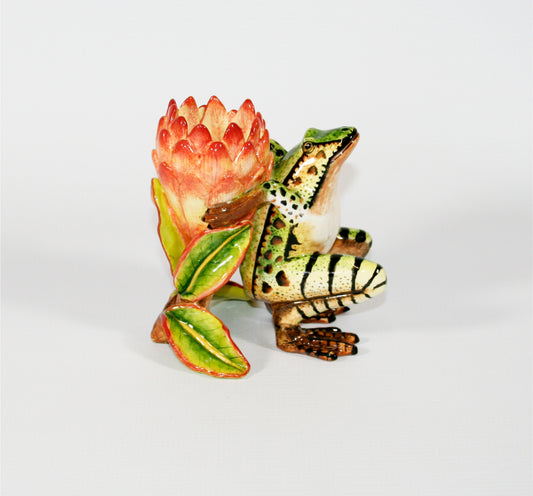 Green and brown frog with pink protea candle holder