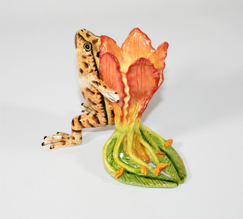 Brown frog with orange and yellow lily toothpick holder