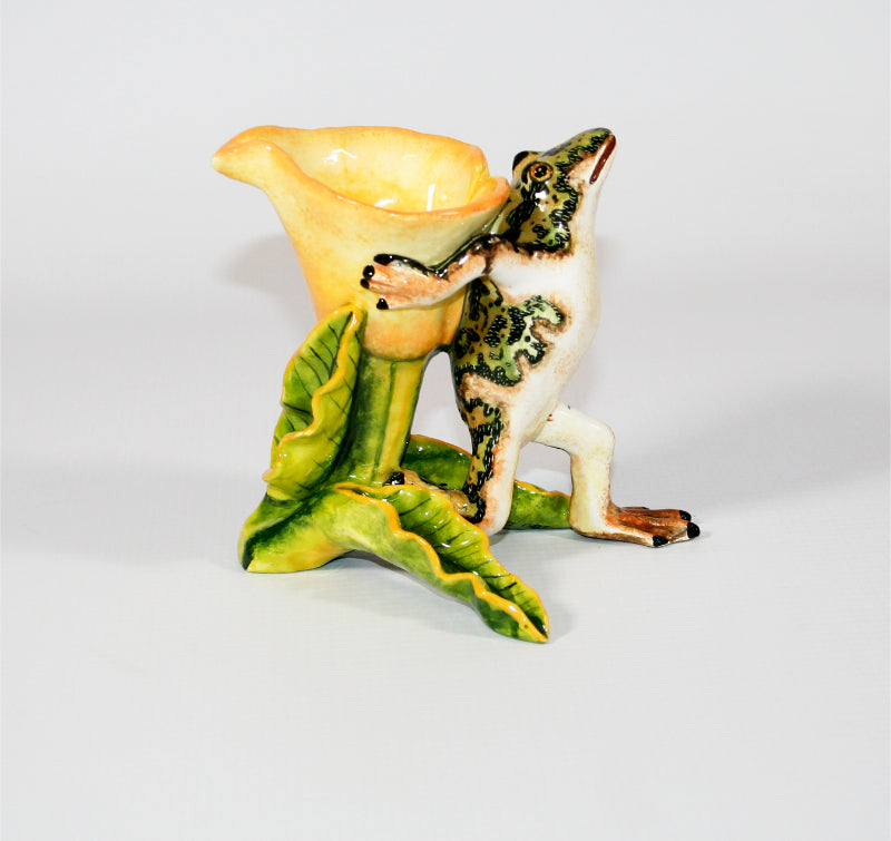 Green brown frog yellow flower toothpick holder