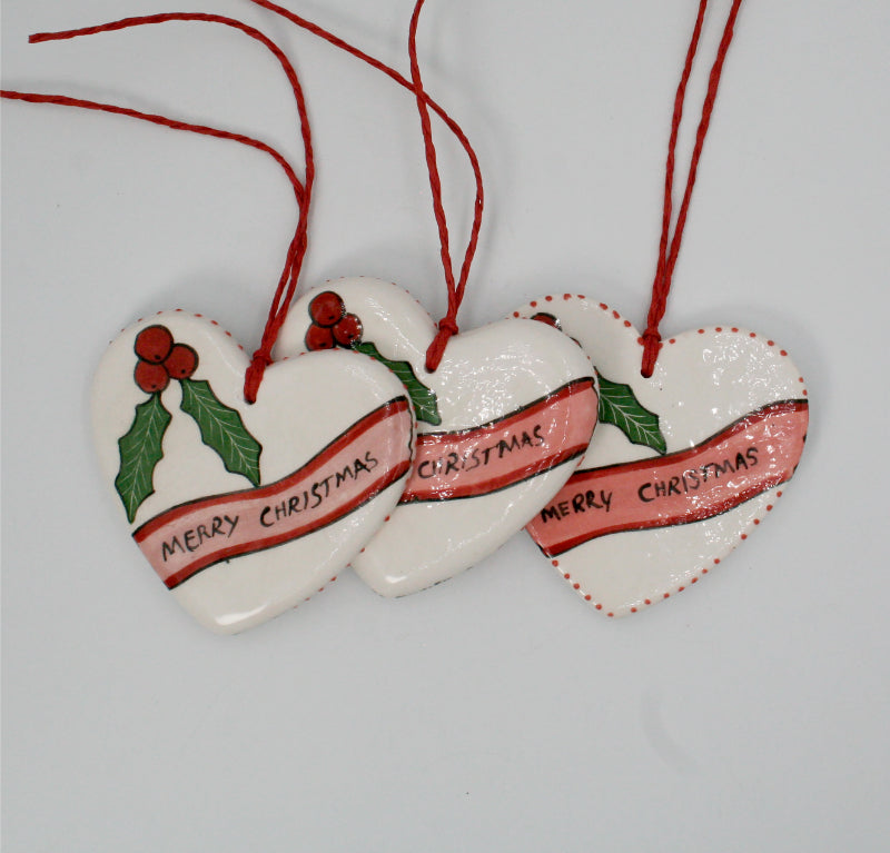 Heart tree hanger pair Merry Christmas