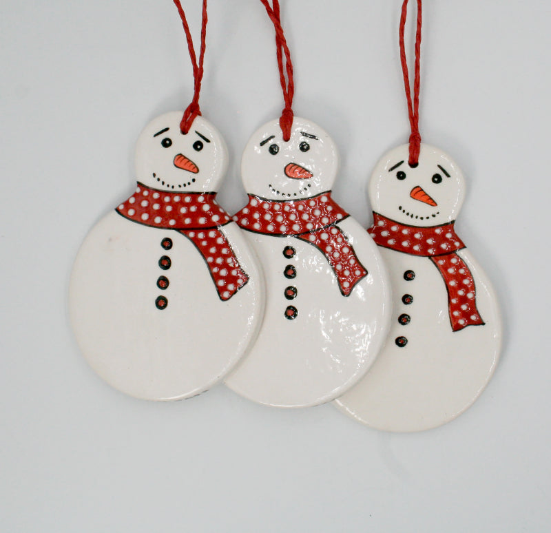 Snowman tree hanger pair with spotted scarf