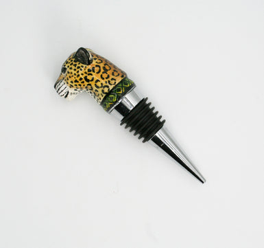 Leopard with green & yellow diamond pattern wine bottle stopper small