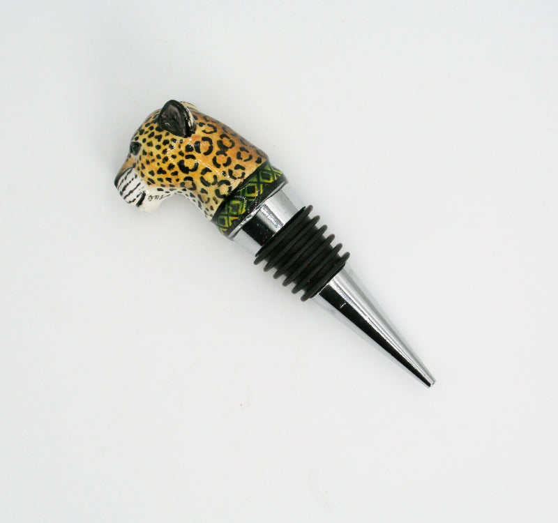 Leopard with green & yellow diamond pattern wine bottle stopper small