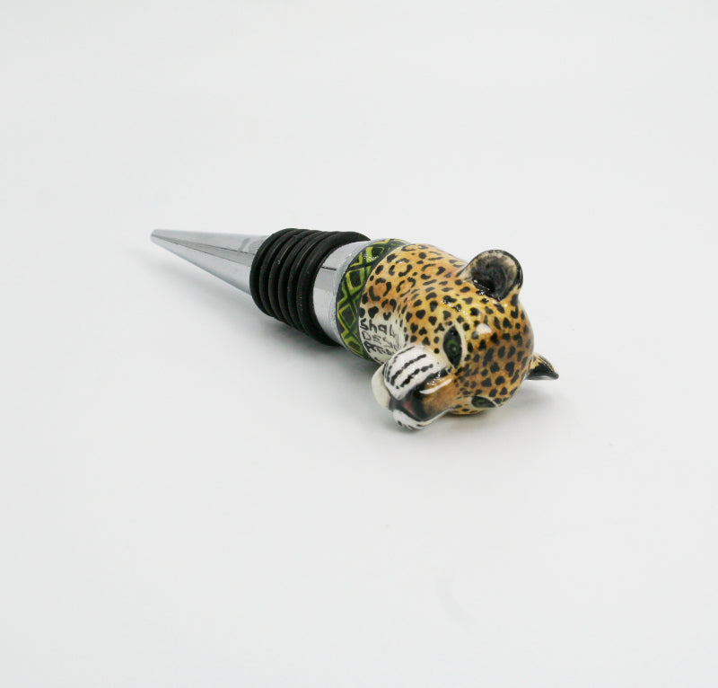 Leopard with green & yellow diamond pattern wine bottle stopper small