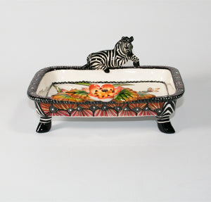 Zebra rectangular platter on legs purple rim