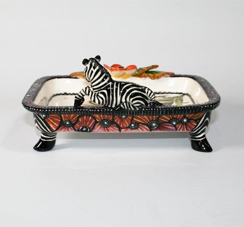 Zebra rectangular platter on legs purple rim