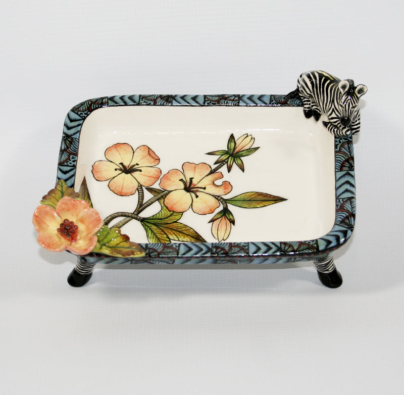 Zebra rectangular platter on legs blue rim