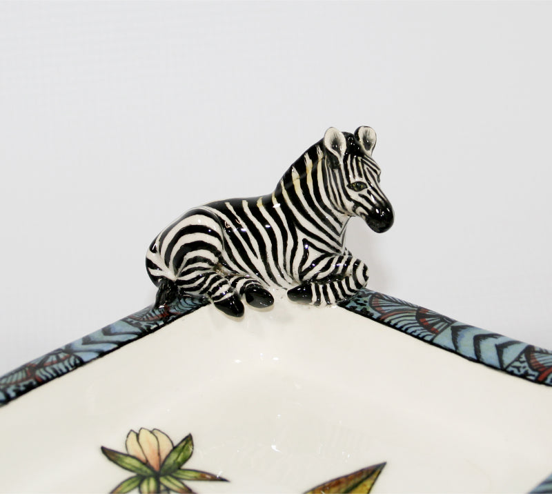 Zebra rectangular platter on legs blue rim