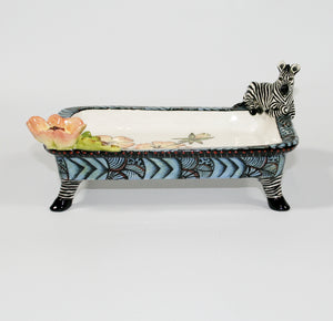 Zebra rectangular platter on legs blue rim