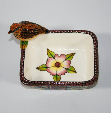 Extra small rectangular bowl with bird & flower