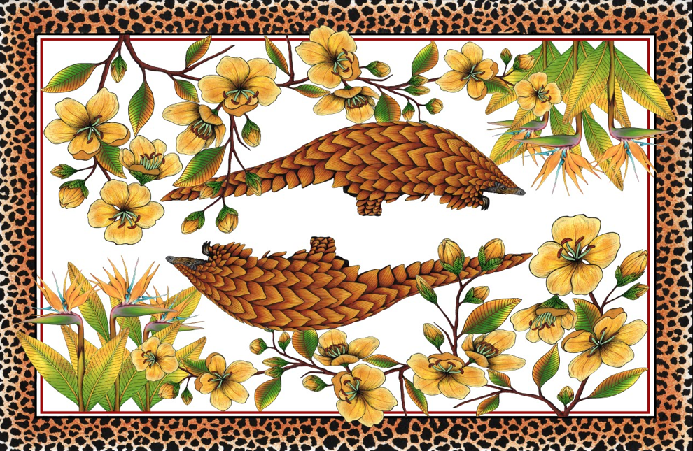 Decorative design with pangolins and yellow flowers on a patterned border