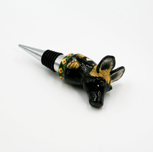 Wild dog with red, green & yellow diamond pattern wine bottle stopper