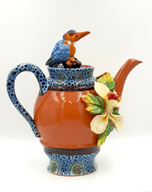 Terracotta coffee pot with kingfisher