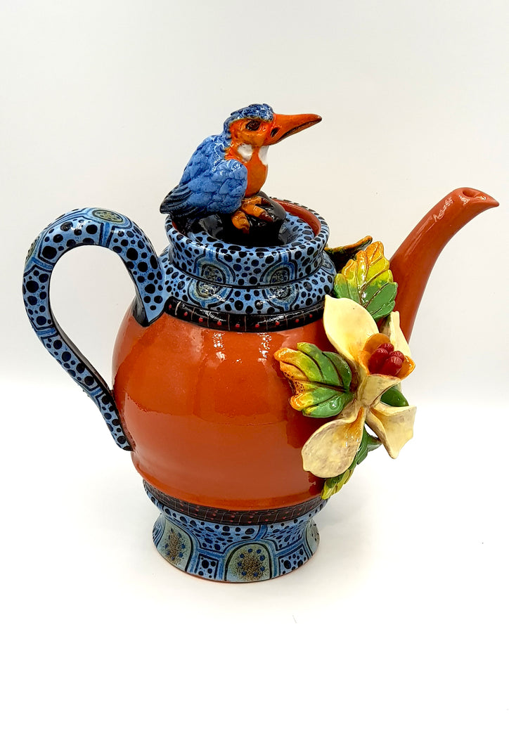 Terracotta coffee pot with kingfisher