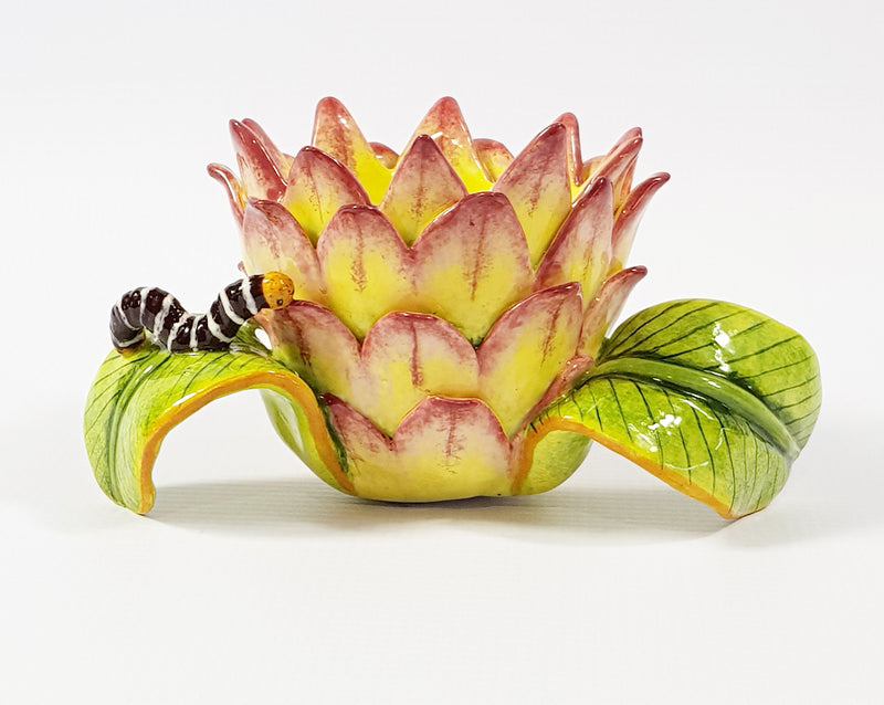 Caterpillar & moth on Protea candle holder