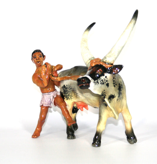 Grey Ankole cow with a shepherd with a rope wearing purple shorts with calf