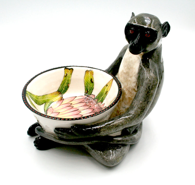 Sitting monkey with protea ring bowl