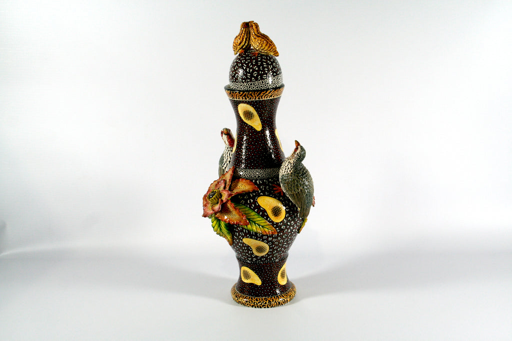 Francolin and salmon flowers vase