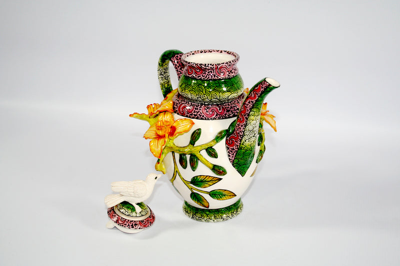 Coffee pot with salmon flower and white bird